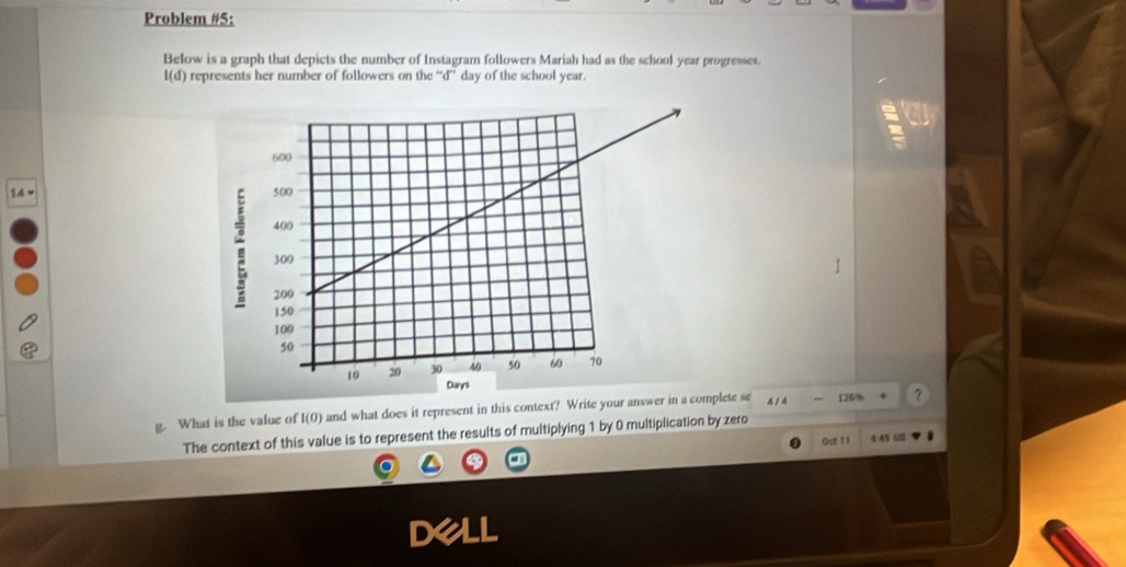 Problem #5: 
Below is a graph that depicts the number of Instagram followers Mariah had as the school year progresses.
I(d) represents her number of followers on the “ d ” day of the school year. 
14 - 
g. What is the value of I(0) and what does it represent in this context? Write your answer in a complete se 4 j 4 120/%
The context of this value is to represent the results of multiplying 1 by 0 multiplication by zero 
Oct 11
a