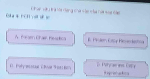 Chon câu trả lới đùng cho các câu hỏi sau đây
Gây 4: PCR viết tất từ
A Protein Chain Reaction B. Protein Copy Reproduction
C. Polymerase Chain Reaction D. Pelymerase Cepy
Reproduction