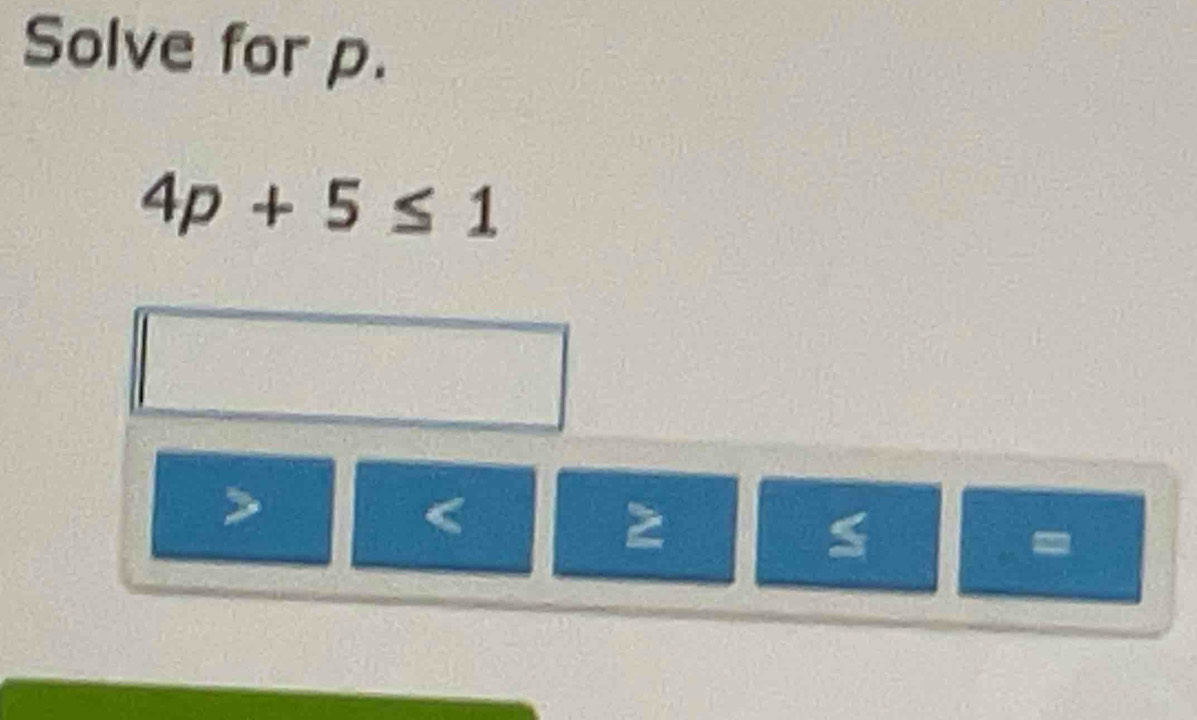 Solve for p.
4p+5≤ 1

-