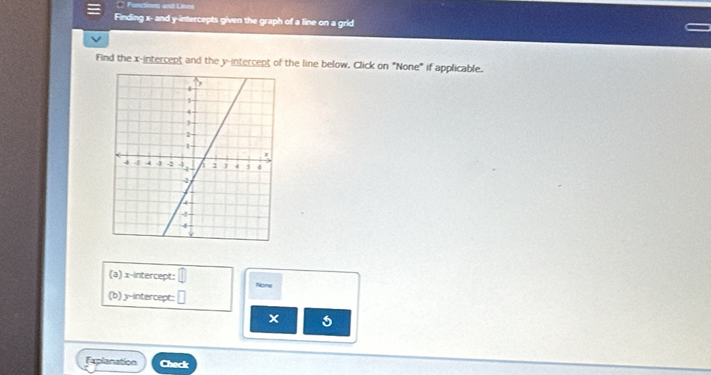 Functions and Lines 
Finding x - and y-intercepts given the graph of a line on a grid 
Find the x-intercept and the y-intercept of the line below, Click on "None" if applicable. 
(a) x-intercept: Nome 
(b) y-intercept:
x 5 
Fxplanation Check