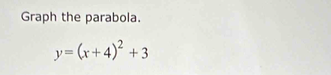 Graph the parabola.
y=(x+4)^2+3