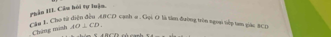 Phần III. Câu hỏi tự luận. 
Câu 1. Cho tú ABCD cạnh a. Gọi O là tâm đường tròn ngoại tiếp tam giác BCD
Chứng minh AO⊥ CD. 
SA_ 