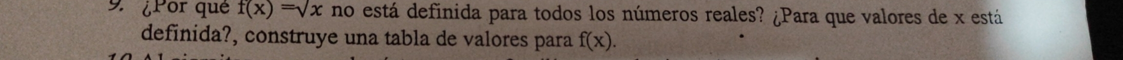 ¿Por qué f(x)=sqrt(x) no está definida para todos los números reales? ¿Para que valores de x está 
definida?, construye una tabla de valores para f(x).