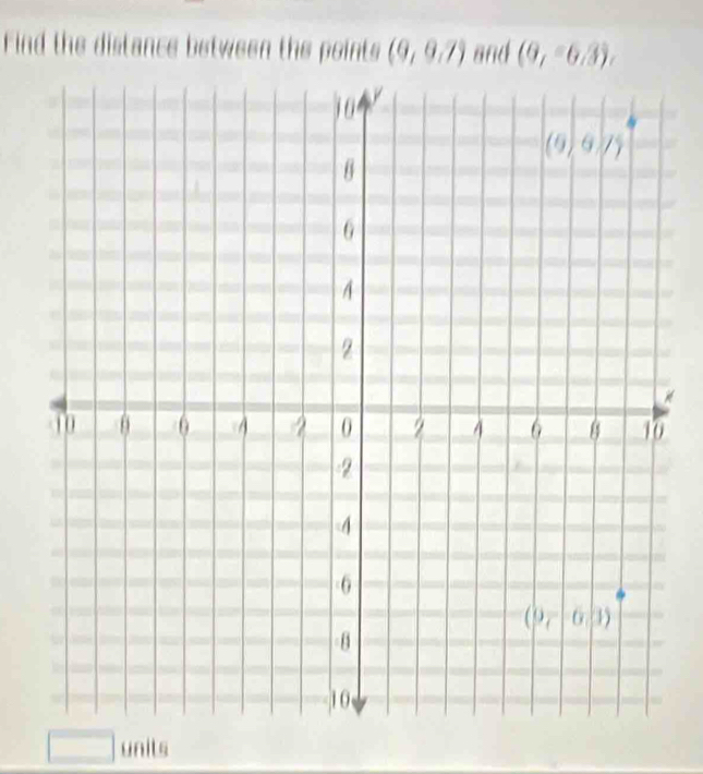 Find the distance between the points (9,0,7) and (9,-6.3),
□ units