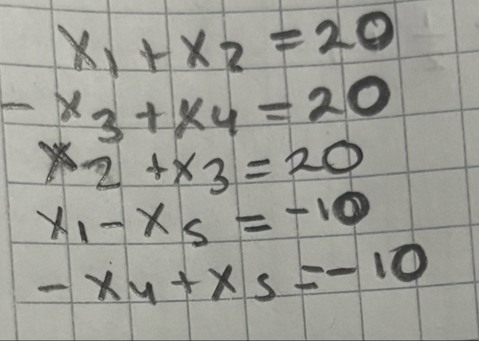 beginarrayr x_1+x_2=20 -x_3+x_4=20 x_2+x_3=20endarray
x_1-x_5=-10
-x_4+x_5=-10