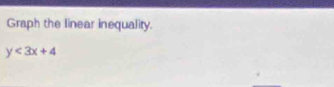 Graph the linear inequality.
y<3x+4