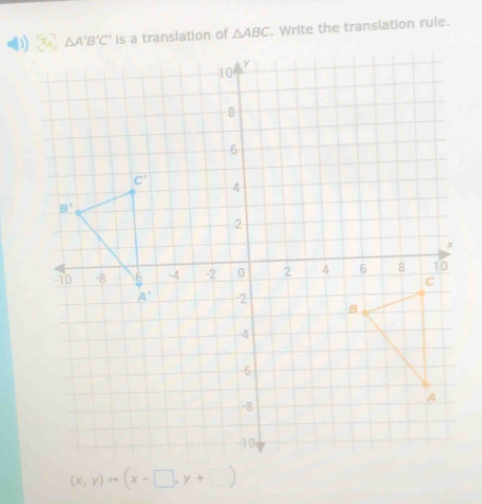 is a translation of △ ABC. Write the translation rule.
(x,y)to (x-□ ,y+□ )