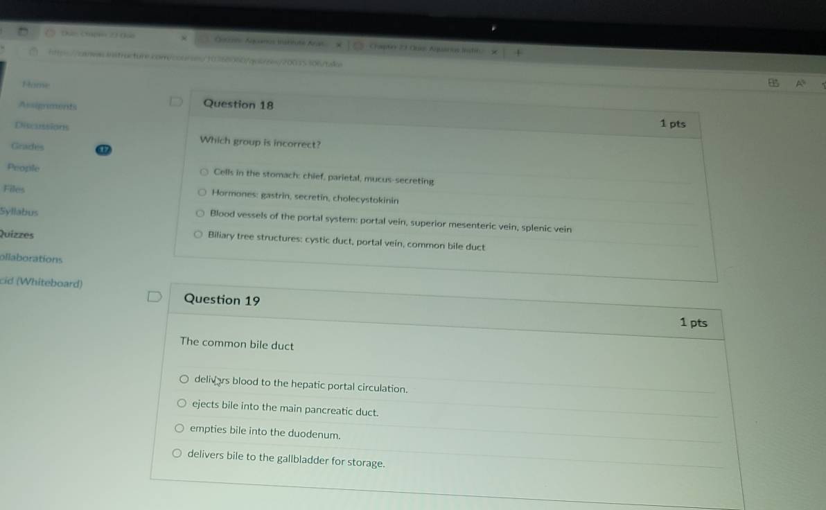 Du Chn 23 Đo Crap6o 23 Ore Aguarios Instio
ht://canws.istracture.com/couren"t

Hame
Assigraments
Question 18
1 pts
Enscaissãors Which group is incorrect?
Grades
People Cells in the stomach: chief, parietal, mucus-secreting
Files Hormones: gastrin, secretin, cholecystokinin
Syllabus
Blood vessels of the portal system: portal vein, superior mesenteric vein, splenic vein
Quizzes
Biliary tree structures: cystic duct, portal vein, common bile duct
llaborations
cid (Whiteboard)
Question 19
1 pts
The common bile duct
delivars blood to the hepatic portal circulation.
ejects bile into the main pancreatic duct.
empties bile into the duodenum.
delivers bile to the gallbladder for storage.