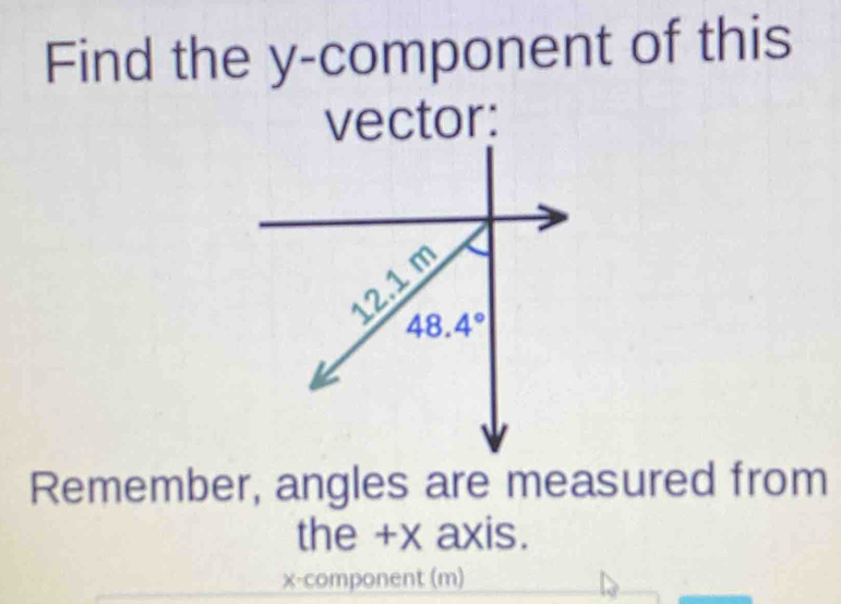 Find the y-component of this
vector:
Remember, angles are measured from
the +x axis.
x-component (m)