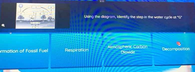 3/22
Using the diagram, Identify the step in the water cycle at ''G''
rmation of Fossil Fuel Respiration Atmospheric Carbon Decomposition
Dioxide