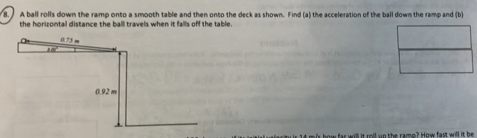 A ball rolls down the ramp onto a smooth table and then onto the deck as shown. Find (a) the acceleration of the ball down the ramp and (b) 
the horizontal distance the ball travels when it falls off the table.
0. 75 m
10°
0.92 m
4 m/s how far will it roll up the ramp? How fast will it be