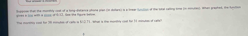 Your answer is incorrect 
Suppose that the monthly cost of a long-distance phone plan (in dollars) is a linear function of the total calling time (in minutes). When graphed, the function 
gives a line with a slope of 0.12. See the figure below. 
The monthly cost for 38 minutes of calls is $12.71. What is the monthly cost for 31 minutes of calls?