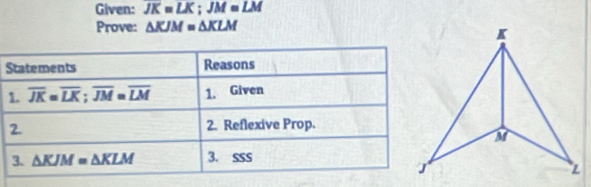 Given: JK=LK;JM=LM
Prove: △ KJM=△ KLM
S