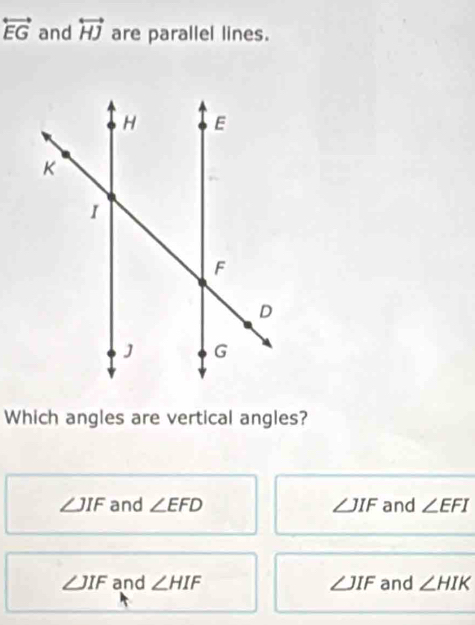 overleftrightarrow EG and overleftrightarrow HJ are parallel lines.
Which angles are vertical angles?
∠ JIF and ∠ EFD ∠ JIF and ∠ EFI
∠ JIF and ∠ HIF ∠ JIF and ∠ HIK