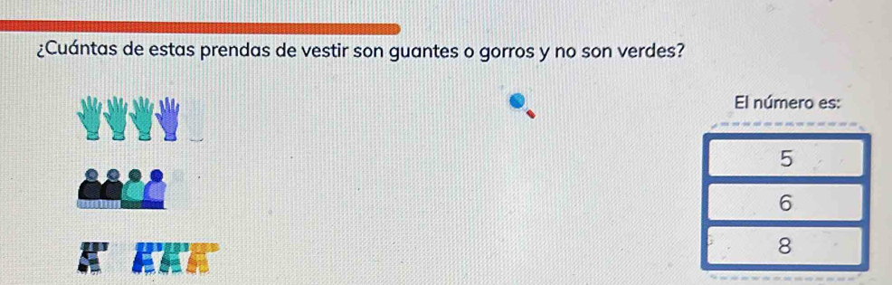 ¿Cuántas de estas prendas de vestir son guantes o gorros y no son verdes?
El número es:
5
6
8