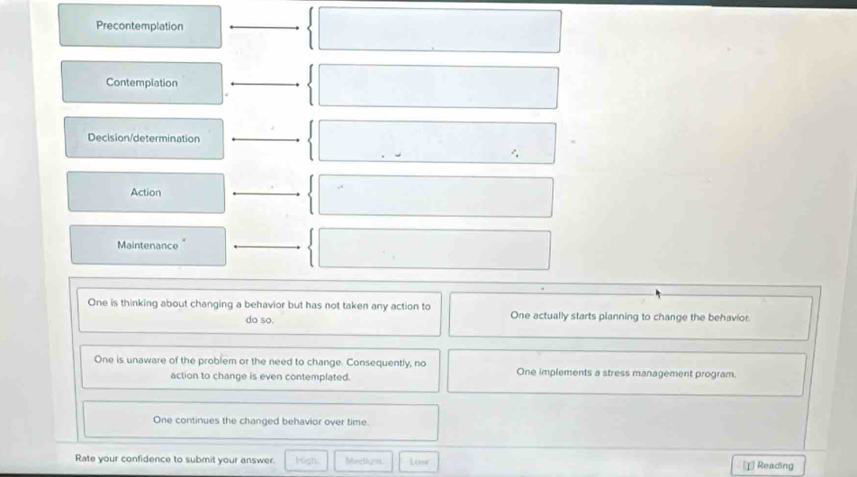 Precontemplation
Contemplation
Decision/determination
Action
Maintenance
One is thinking about changing a behavior but has not taken any action to
do so. One actually starts planning to change the behavior
One is unaware of the problem or the need to change. Consequently, no One implements a stress management program.
action to change is even contemplated.
One continues the changed behavior over time.
Rate your confidence to submit your answer. High Medium Low Reading
