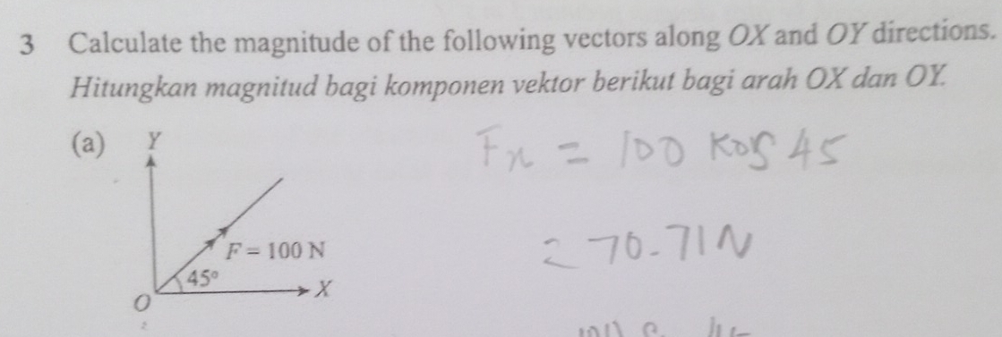 Calculate the magnitude of the following vectors along OX and OY directions.
Hitungkan magnitud bagi komponen vektor berikut bagi arah OX dan OY.
(a)