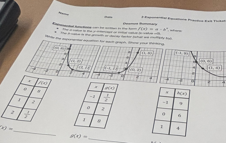 Name
Date 3 Exponential Equations Practice Exit Ticket
Desmos Summary
Exponential functions can be written in the form f(x)=a· b^x , where:
The a-value is the y-intercept or initial value (x-value=0).
The b-value is the growth or decay factor (what we multiply by).
Write the  each graph. Show your thinking.
4
_
(x)=
g(x)= _