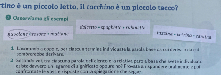 ttino è un piccolo letto, il tacchino è un piccolo tacco? 
❷ Osserviamo gli esempi 
dolcetto • spaghetto • rubinetto 
nuvolone • rosone • mattone 
tazzina • vetrina • cantina 
1 Lavorando a coppie, per ciascun termine individuate la parola base da cui deriva o da cui 
sembrerebbe derivare. 
2 Secondo voi, tra ciascuna parola dell’elenco e la relativa parola base che avete individuato 
esiste davvero un legame di significato oppure no? Provate a rispondere oralmente e poi 
confrontate le vostre risposte con la spiegazione che segue.