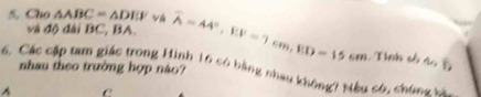 Cho △ ABC=△ DEF vá overline A=44°, EF=7cm, ED=15cm
và độ đài BC, BA. 
Tỉnh số doĐ 
6, Các cặp tam giác trong Hình 16 có bằng nhau không? tiểu có, chúng sá nhau theo trường hợp nào?
A C