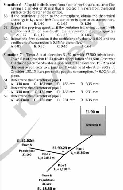 Situation 6 - A liquid is discharged from a container thru a circular orifice
having a diameter of 10 mm that is located h meters from the liquid
surface to the center of the orifice
58. If the container is open to the atmosphere, obtain the theoretical
discharge in L/s when h=9 if the container is open to the atmosphere.
A. 1.04 B. 1.40 C. 1.65 D. 1.56
59. Repeat the previous question if the container is moving upward with
an acceleration of one-fourth the acceleration due to gravity?
A. 1.17 B. 1.12 C. 1.25 D. 1.05
60. Repeat the first question if the coefficient of velocity is 0.95 and the
coefficient of contraction is 0.65 for the orifice.
A. 0.85 B. 0.55 C. 0.46 D. 0.64
Situation 7 - Town A is at elevation 31.52 m with 27,500 inhabitants.
Town B is at elevation 18.33 m with a population of 31,500. Reservoir
X is the only source of water supply and it is at elevation 153.2 m and
this source connects to a junction Y which is at elevation 90.23 m.
Consider 153.15 liters per capita per day consumption. f=0.02 for all
pipes.
61. Determine the diameter of pipe 1.
A. 338 mm C. 463 mm B. 453 mm D. 335 mm
62. Determine the diameter of pipe 2.
A. 338 mm C. 436 mm B. 463 mm D. 231 mm
63. Determine the diameter of pipe 3.
A. 453 mm C. 338 mm B. 231 mm D. 436 mm
El. 18.33 m