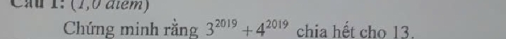 Cầu 1: (1,0 điểm) 
Chứng minh rằng 3^(2019)+4^(2019) chia hết cho 13.