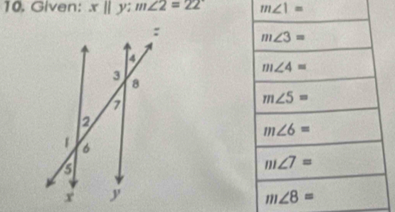 Given: x||y:m∠ 2=22 m∠ 1=