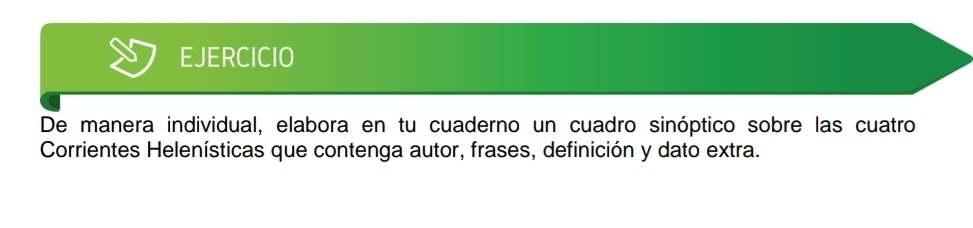 EJERCICIO 
De manera individual, elabora en tu cuaderno un cuadro sinóptico sobre las cuatro 
Corrientes Helenísticas que contenga autor, frases, definición y dato extra.