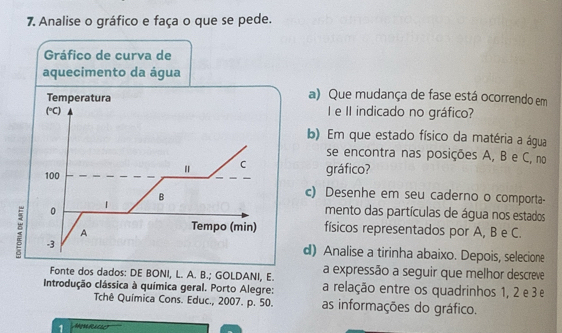 Analise o gráfico e faça o que se pede. 
Gráfico de curva de 
aquecimento da água 
Temperatura 
a) Que mudança de fase está ocorrendo em 
(°C) I e II indicado no gráfico? 
b) Em que estado físico da matéria a água 
se encontra nas posições A, B e C, no 
C
100 gráfico? 
B 
c) Desenhe em seu caderno o comporta- 
1 
0 mento das partículas de água nos estados 
a -3
A Tempo (min) físicos representados por A, B e C. 
d) Analise a tirinha abaixo. Depois, selecione 
Fonte dos dados: DE BONI, L. A. B.; GOLDANI, E. a expressão a seguir que melhor descreve 
Introdução clássica à química geral. Porto Alegre: a relação entre os quadrinhos 1, 2 e 3 e 
Tchê Química Cons. Educ., 2007. p. 50. as informações do gráfico. 
1