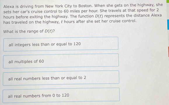 Solved: Alexa is driving from New York City to Boston. When she gets on ...