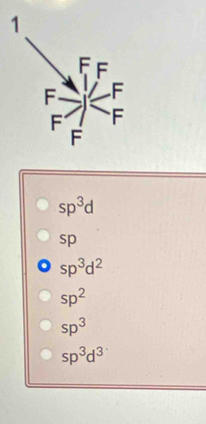 sp^3d
sp
sp^3d^2
sp^2
sp^3
sp^3d^3