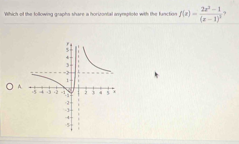 Which of the following graphs share a horizontal asymptote with the function f(x)=frac 2x^2-1(x-1)^2 ?
A.