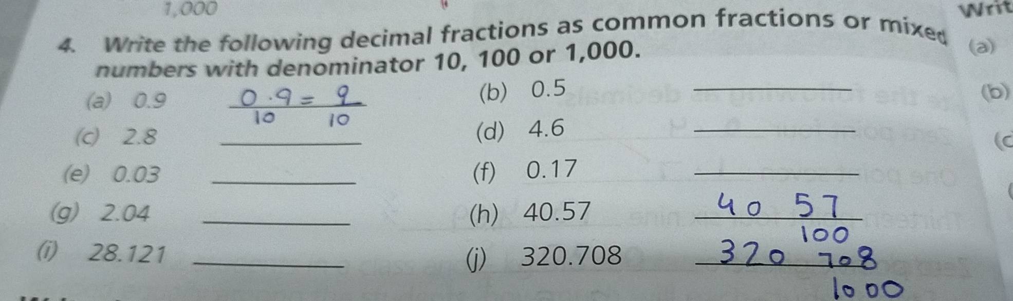 1,000 Writ 
4. Write the following decimal fractions as common fractions or mixed (a) 
numbers with denominator 10, 100 or 1,000. 
(b) 0.5
_ 
(a) 0.9 _(b) 
(c) 2.8 _ 
(d) 4.6
_ 
( 
(e) 0.03 _(f) 0.17 _ 
(g) 2.04 _(h) 40.57 _ 
(i) 28.121 _ 
(j) 320.708 _