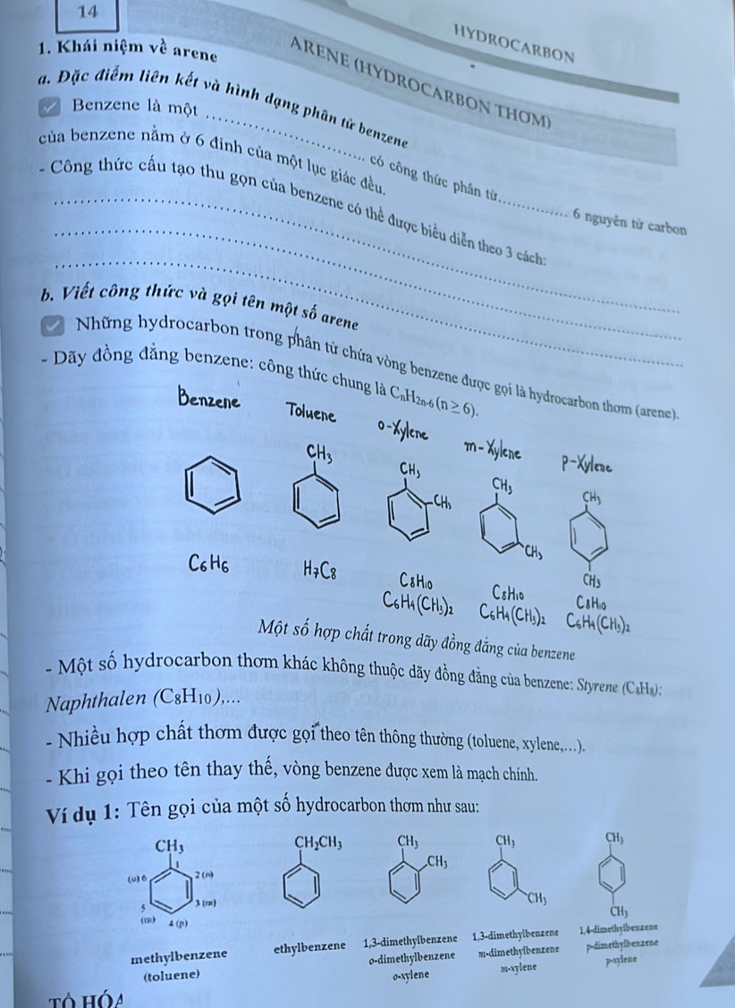 HYDROCARBON
1. Khái niệm về arene
Arene (HYdrocarbon thơm
a. Đặc điểm liên kết và hình dạng phân tử benzen
Benzene là một
của benzene nằm ở 6 đinh của một lục giác đều
có công thức phân tứ
_
_
- Công thức cấu tạo thu gọn của benzene có thể được biểu diễn theo 3 cách
6 nguyên từ carbon
b. Viết công thức và gọi tên một số arene
I Những hydrocarbon trong phân từ chứa vòng benzene được gọi là hydrocarbon thơm (arene)
- Dãy đồng đẳng benzene: công thức chung là C_n H2n-6 (n≥ 6).
CH_3
Một số hợp chất trong dãy ở be
- Một số hydrocarbon thơm khác không thuộc dãy đồng đẳng của benzene: Styrene (CaHa);
Naphthalen (C8H10),...
- Nhiều hợp chất thơm được gọi theo tên thông thường (toluene, xylene,....).
- Khi gọi theo tên thay thế, vòng benzene được xem là mạch chính.
Ví dụ 1: Tên gọi của một số hydrocarbon thơm như sau:
CH_3
CH_2CH_3 CH_3 CH_3 CH_3
CH_3
(u) 6 2(0)
5 3 (m)
CH_3
CH_3
(m) 4(p)
methylbenzene ethylbenzene 1, 3 -dimethylbenzene 1, 3 -dimethylbenzene 1, 4 -dimethyibenzene
(toluene) o-dimethylbenzene m-dimethylbenzene p-dimethylbenzene
o-xylene m-xylene p.xylene
Tổ hóa