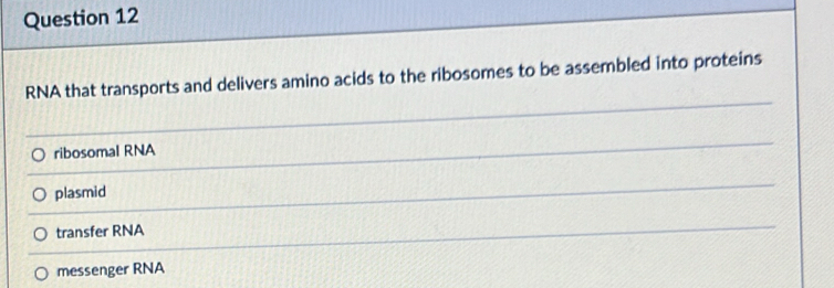 RNA that transports and delivers amino acids to the ribosomes to be assembled into proteins
ribosomal RNA
plasmid
transfer RNA
messenger RNA