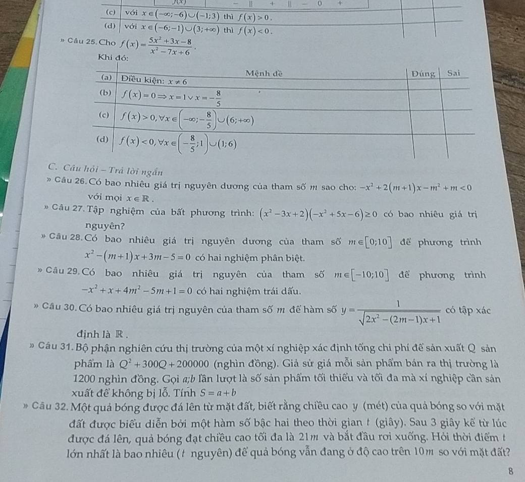 J(x)
+
(c) với x∈ (-∈fty ;-6)∪ (-1;3) thì f(x)>0.
(d) với x∈ (-6;-1)∪ (3;+∈fty ) thì f(x)<0.
» Câu 25. Cho f(x)= (5x^2+3x-8)/x^2-7x+6 .
Khi đó:
C. Câu hỏi - Trả lời ngắn
Câu 26.Có bao nhiêu giá trị nguyên dương của tham số m sao cho: -x^2+2(m+1)x-m^2+m<0</tex>
với mọi x∈ R.
* Câu 27. Tập nghiệm của bất phương trình: (x^2-3x+2)(-x^2+5x-6)≥ 0 có bao nhiêu giá trị
nguyên?
》 Câu 28.Có bao nhiêu giá trị nguyên dương của tham số m∈ [0;10] để phương trình
x^2-(m+1)x+3m-5=0 có hai nghiệm phân biệt.
》 Câu 29. Có bao nhiêu giá trị nguyên của tham số m∈ [-10;10] để phương trình
-x^2+x+4m^2-5m+1=0 có hai nghiệm trái dấu.
» Câu 30. Có bao nhiêu giá trị nguyên của tham số m để hàm số y= 1/sqrt(2x^2-(2m-1)x+1)  có tập xác
định là R .
Câu 31. Bộ phận nghiên cứu thị trường của một xí nghiệp xác định tống chi phí để sản xuất Q sản
phẩm là Q^2+300Q+200000 (nghìn đồng). Giả sử giá mỗi sản phẩm bán ra thị trường là
1200 nghìn đồng. Gọi a;b lần lượt là số sản phẩm tối thiểu và tối đa mà xí nghiệp cần sản
xuất để không bị lỗ. Tính S=a+b
Câu 32. Một quả bóng được đá lên từ mặt đất, biết rằng chiều cao y (mét) của quả bóng so với mặt
đất được biểu diễn bởi một hàm số bậc hai theo thời gian # (giây). Sau 3 giây kể từ lúc
được đá lên, quả bóng đạt chiều cao tối đa là 21m và bắt đầu rơi xuống. Hỏi thời điểm t
lớn nhất là bao nhiêu (t nguyên) để quả bóng vẫn đang ở độ cao trên 10m so với mặt đất?
8