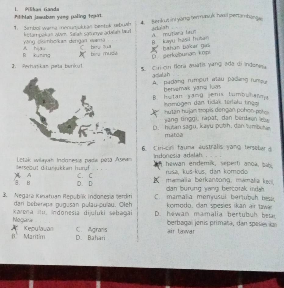 Pilihan Ganda
Pilihlah jawaban yang paling tepat.
1. Simbol warna menunjukkan bentuk sebuah 4. Berikut ini yang termasuk hasil pertambangan
ketampakan alam. Salah satunya adalah laut adalah
A. mutiara laut
yang disimbolkan dengan warna
B. kayu hasil hutan
A. hijau C. biru tua
X
B. kuning biru muda bahan bakar gas
D. perkebunan kopi
2. Perhatikan peta berikut.
5. Ciri-ciri flora asiatis yang ada di Indonesia
adalah
A. padang rumput atau padang rumput
bersemak yang luas
B. hutan yang jenis tumbuhannya
homogen dan tidak terlalu tinggi
hutan hujan tropis dengan pohon-poho
yang tinggi, rapat, dan berdaun lebar
D. hutan sagu, kayu putih, dan tumbuha
matoa
6. Ciri-ciri fauna australis yang tersebar 
Letak wilayah Indonesia pada peta Asean Indonesia adalah .
hewan endemik, seperti anoa, babi,
tersebut ditunjukkan huruf
rusa, kus-kus, dan komodo
A C. C mamalia berkantong, mamalia kecl,
B. B D. D
dan burung yang bercorak indah 
3. Negara Kesatuan Republik Indonesia terdiri C. mamalia menyusui bertubuh besa,
dari beberapa gugusan pulau-pulau. Oleh komodo, dan spesies ikan air tawar
karena itu, Indonesia dijuluki sebagai D. hewan mamalia bertubuh besar
Negara berbagai jenis primata, dan spesies ikan
Kepulauan C. Agraris air tawar
B. Maritim D. Bahari