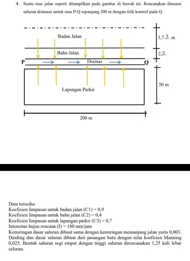 Suatu ruas jalan seperti ditampilkan pada gambar di bawah ini. Rencanakan dimensi 
saluran drainase untuk ruas P-Q sepanjang 200 m dengan titik kontrol pada Q. 
Data tersedia: 
Koefisien limpasan untuk badan jalan (C1)=0,9
Koefisien limpasan untuk bahu jalan (C2)=0,4
Koefisien limpasan untuk lapangan parkir (C3)=0,7
Intensitas hujan rencana (I)=180mm/jam
Kemiringan dasar saluran dibuat sama dengan kemiringan memanjang jalan yaitu 0,003. 
Dinding dan dasar saluran dibuat dari pasangan batu dengan nilai koefisien Manning
0,025. Bentuk saluran segi empat dengan tinggi saluran direncanakan 1,25 kali lebar 
saluran.