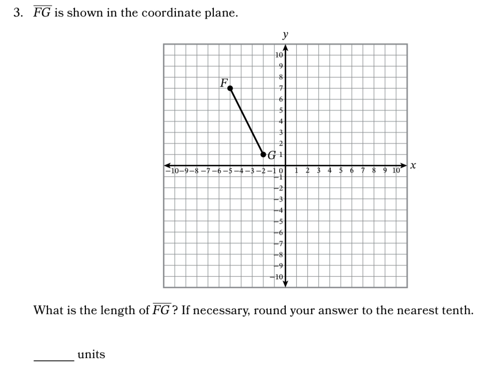 overline FG is shown in the coordinate plane. 
What is the length of overline FG ? If necessary, round your answer to the nearest tenth. 
_units