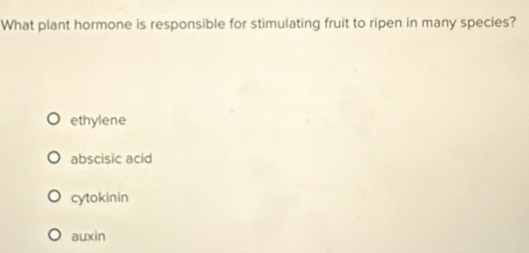 What plant hormone is responsible for stimulating fruit to ripen in many species?
ethylene
abscisic acid
cytokinin
auxin