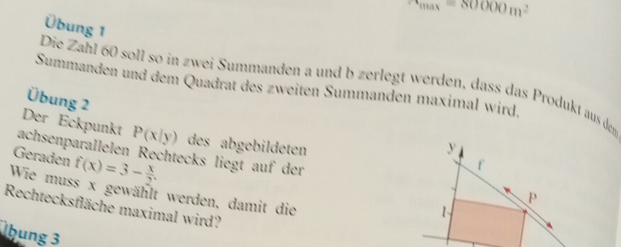 mas=80000m^2
Übung 1 
Die Zahl 60 soll so in zwei Summanden a und b zerlegt werden, dass das Produkt aus dem 
Summanden und dem Quadrat des zweiten Summanden maximal wird. 
Übung 2 
Der Eckpunkt P(x|y) des abgebildeten 
achsenparallelen Rechtecks liegt auf der 
Geraden f(x)=3- x/2 . 
Wie muss x gewählt werden, damit die 
Rechtecksfläche maximal wird? 
hung 3