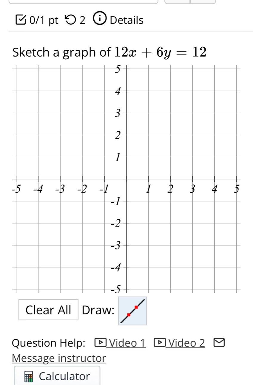 つ 2 Details 
Sketch a graph of 12x+6y=12
- 
Clear All Draw: 
Question Help: - Video 1 Video 2 
Message instructor 
Calculator