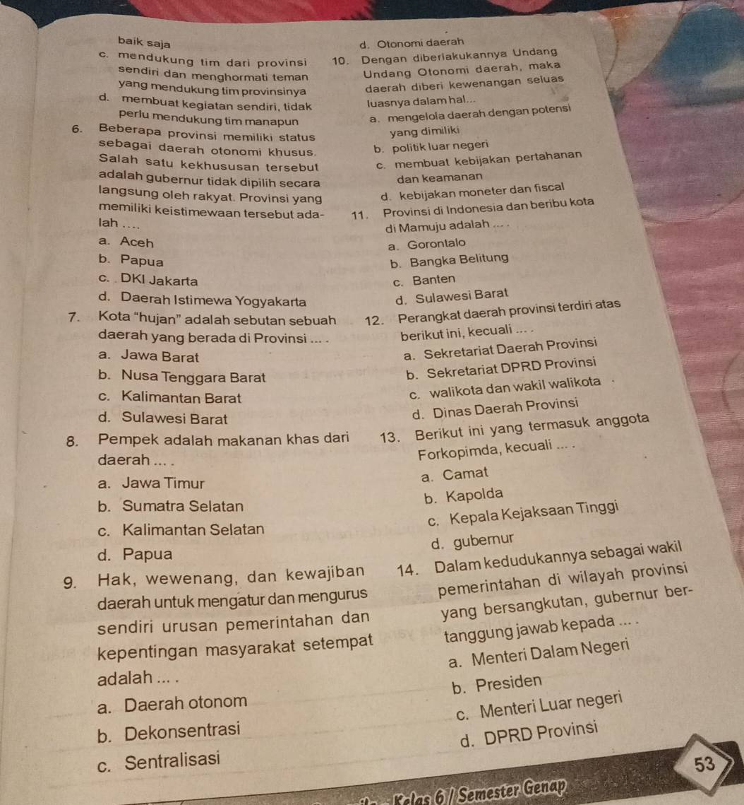 baik saja d. Otonomi daerah
c. mendukung tim dari provinsi 10. Dengan diberiakukannya Undang
sendiri dan menghormati teman Undang Otonomi daerah, maka
yang mendukung tim provinsinya daerah diberi kewenangan seluas
d. membuat kegiatan sendiri, tidak luasnya dalam hal...
perlu mendukung tim manapun a.mengelola daerah dengan potensi
6. Beberapa provinsi memiliki status
yang dimiliki
sebagai daerah otonomi khusus. b. politik luar negeri
Salah satu kekhususan tersebut c. membuat kebijakan pertahanan
adalah gubernur tidak dipilih secara
dan keamanan
langsung oleh rakyat. Provinsi yang d. kebijakan moneter dan fiscal
memiliki keistimewaan tersebut ada- 11. Provinsi di Indonesia dan beribu kota
lah ....
di Mamuju adalah ... .
a. Aceh
a. Gorontalo
b. Papua b. Bangka Belitung
c. DKI Jakarta c. Banten
d. Daerah Istimewa Yogyakarta
d. Sulawesi Barat
7. Kota “hujan” adalah sebutan sebuah 12. Perangkat daerah provinsi terdiri atas
daerah yang berada di Provinsi ... . berikut ini, kecuali .. .
a. Jawa Barat
a. Sekretariat Daerah Provinsi
b. Nusa Tenggara Barat
b. Sekretariat DPRD Provinsi
c. Kalimantan Barat
c. walikota dan wakil walikota
d. Sulawesi Barat
d. Dinas Daerah Provinsi
8. Pempek adalah makanan khas dari 13. Berikut ini yang termasuk anggota
daerah ... .
Forkopimda, kecuali ... .
a. Jawa Timur
a. Camat
b. Sumatra Selatan
b. Kapolda
c. Kepala Kejaksaan Tinggi
c. Kalimantan Selatan
d. gubernur
d. Papua
9. Hak, wewenang, dan kewajiban 14. Dalam kedudukannya sebagai wakil
daerah untuk mengatur dan mengurus pemerintahan di wilayah provinsi
sendiri urusan pemerintahan dan yang bersangkutan, gubernur ber-
kepentingan masyarakat setempat tanggung jawab kepada ... .
a. Menteri Dalam Negeri
adalah ... .
b. Presiden
a. Daerah otonom
c. Menteri Luar negeri
b. Dekonsentrasi
d. DPRD Provinsi
c. Sentralisasi
53
relas 6 / Semester Genap