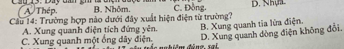 A. Thép. B. Nhôm. C. Đồng D. Nhựa.
Câu 14: Trường hợp nào dưới đây xuất hiện điện từ trường?
A. Xung quanh điện tích đứng yên. B. Xung quanh tia lửa điện.
D. Xung quanh dòng điện không đổi.
C. Xung quanh một ống dây điện. váo nghiêm đúng, sai.