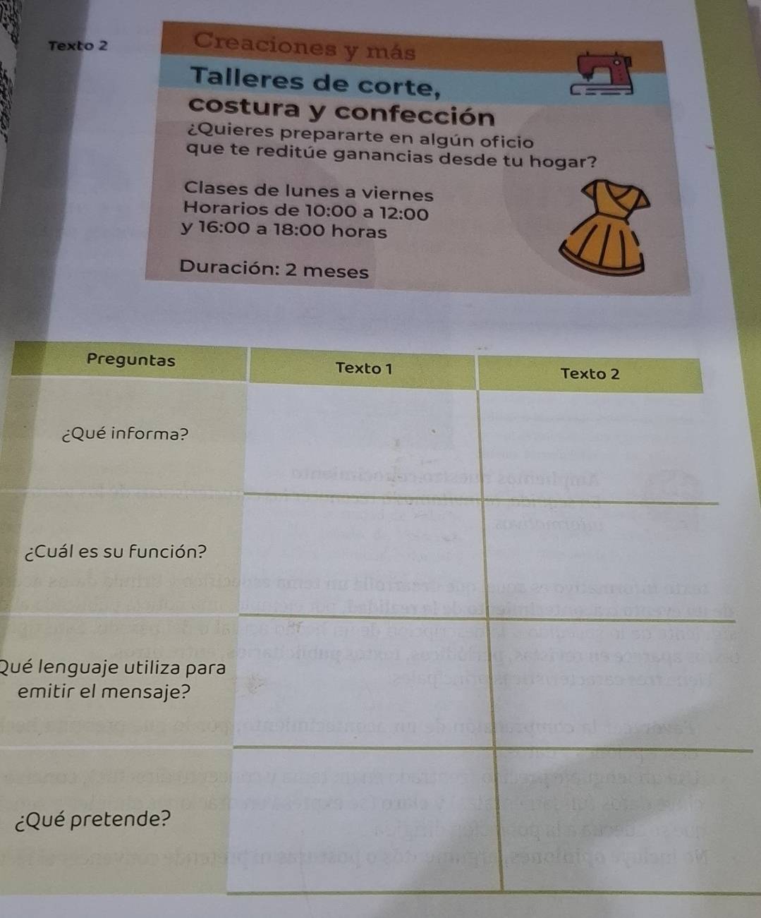 Texto 2 
Creaciones y más 
Talleres de corte, 
costura y confección 
¿Quieres prepararte en algún oficio 
que te reditúe ganancias desde tu hogar? 
Clases de lunes a viernes 
Horarios de 10:00 a 12:00
y 16:00 a 18:00 horas 
Duración: 2 meses 
¿ 
Qué 
e 
¿