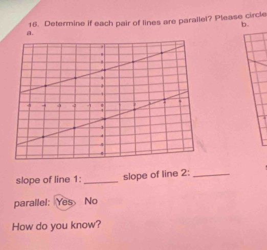 Determine if each pair of lines are parallel? Please circle
b.
a.
slope of line 1: _slope of line 2:_
parallel: Yes No
How do you know?