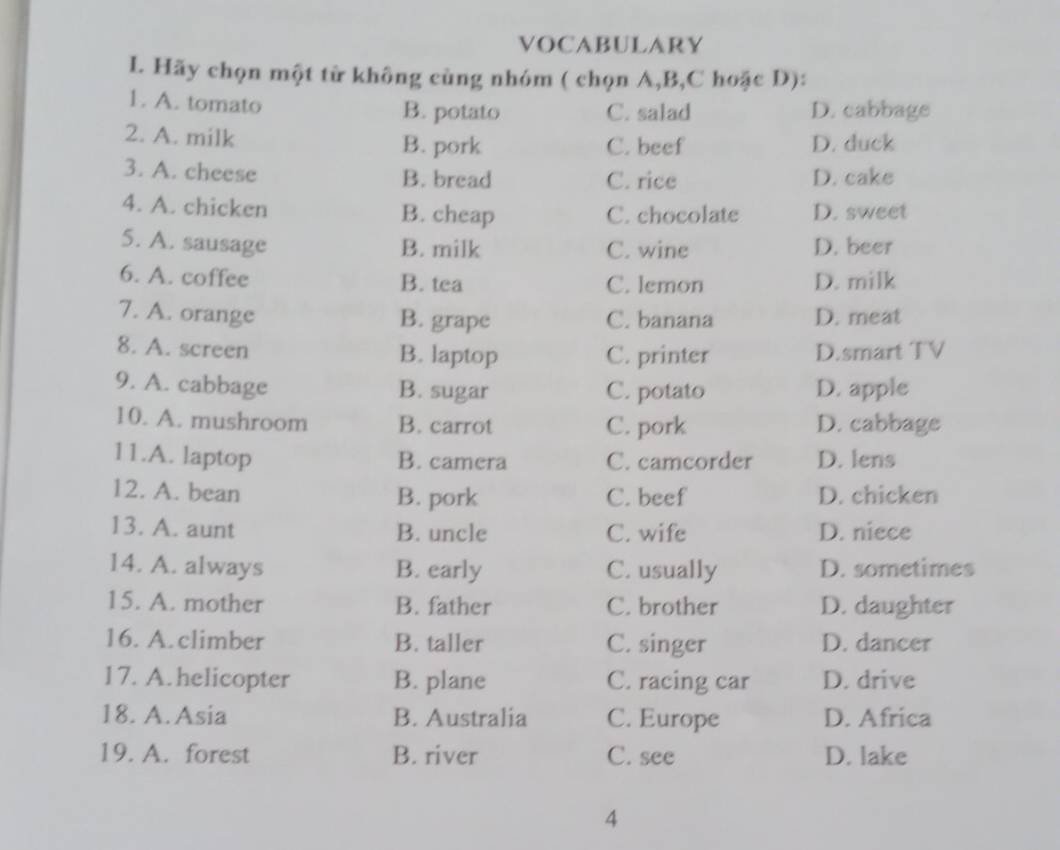 VOCABULARY
L. Hãy chọn một từ không cùng nhóm ( chọn A,B,C hoặc D):
1. A. tomato
B. potato C. salad D. cabbage
2. A. milk B. pork C. beef D. duck
3. A. cheese B. bread C. rice D. cake
4. A. chicken B. cheap C. chocolate D. sweet
5. A. sausage B. milk C. wine D. beer
6. A. coffee B. tea C. lemon D. milk
7. A. orange B. grape C. banana D. meat
8. A. screen B. laptop C. printer D.smart TV
9. A. cabbage B. sugar C. potato D. apple
10. A. mushroom B. carrot C. pork D. cabbage
11.A. laptop B. camera C. camcorder D. lens
12. A. bean B. pork C. beef D. chicken
13. A. aunt B. uncle C. wife D. niece
14. A. always B. early C. usually D. sometimes
15. A. mother B. father C. brother D. daughter
16. A. climber B. taller C. singer D. dancer
17. A. helicopter B. plane C. racing car D. drive
18. A.Asia B. Australia C. Europe D. Africa
19. A. forest B. river C. see D. lake
4