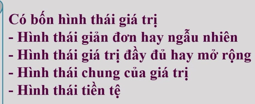 Có bốn hình thái giá trị
- Hình thái giản đơn hay ngẫu nhiên
- Hình thái giá trị đầy đủ hay mở rộng
- Hình thái chung của giá trị
- Hình thái tiền tệ