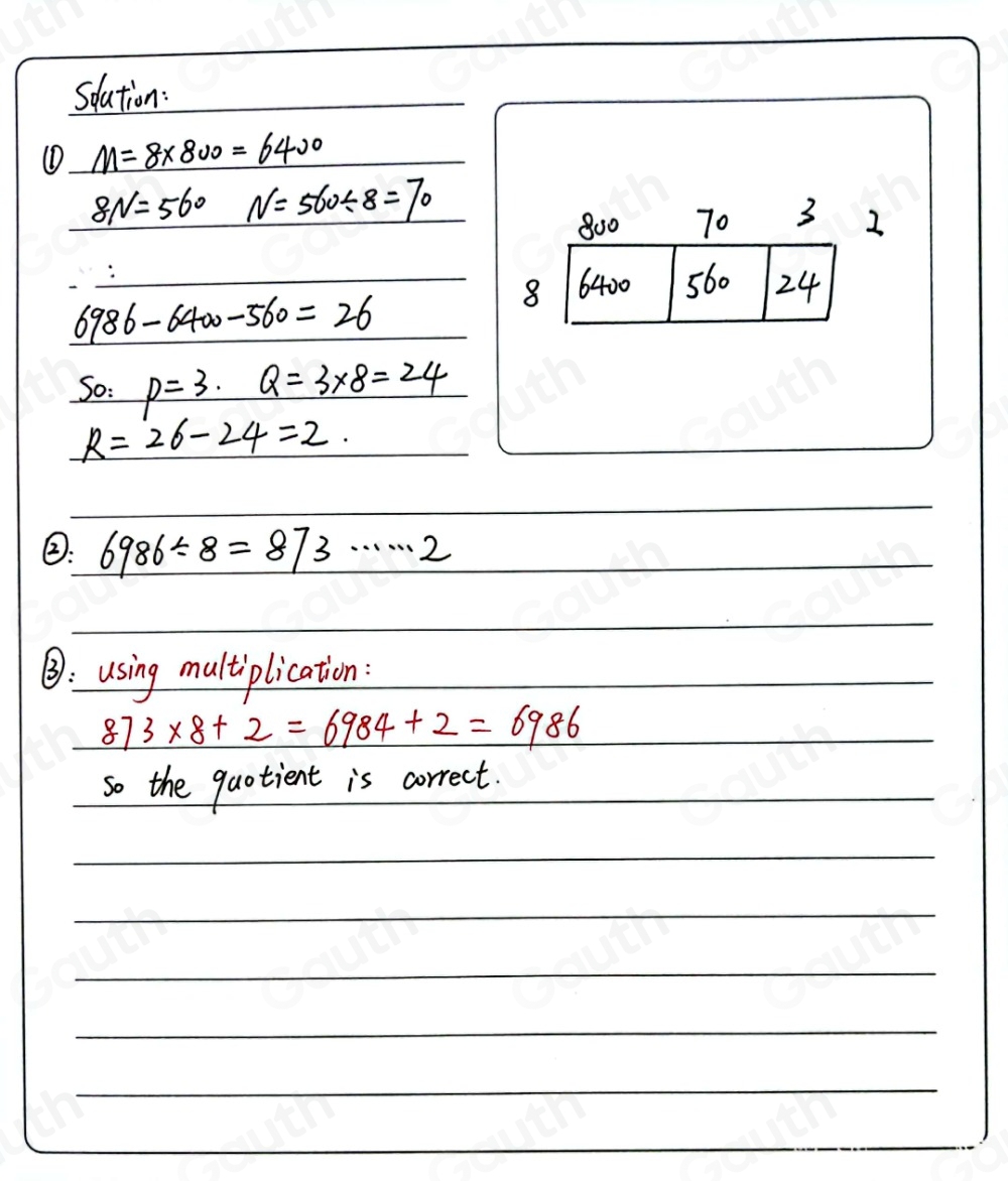 Solved: A teacher drew an area model to find the value of 6,986/ 8 ...