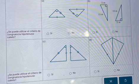 5 m
13 m
¿Se puede utilizar el criterio de
caleto? congruencia hipotenusa sí No sí
No
(c) (d)
No
¿Se puede utilizar el criterio de
si
No
congruencia hipotenusa cateto?